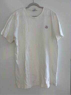 Men's White Crewneck Tee with Pink Embroidered Icon